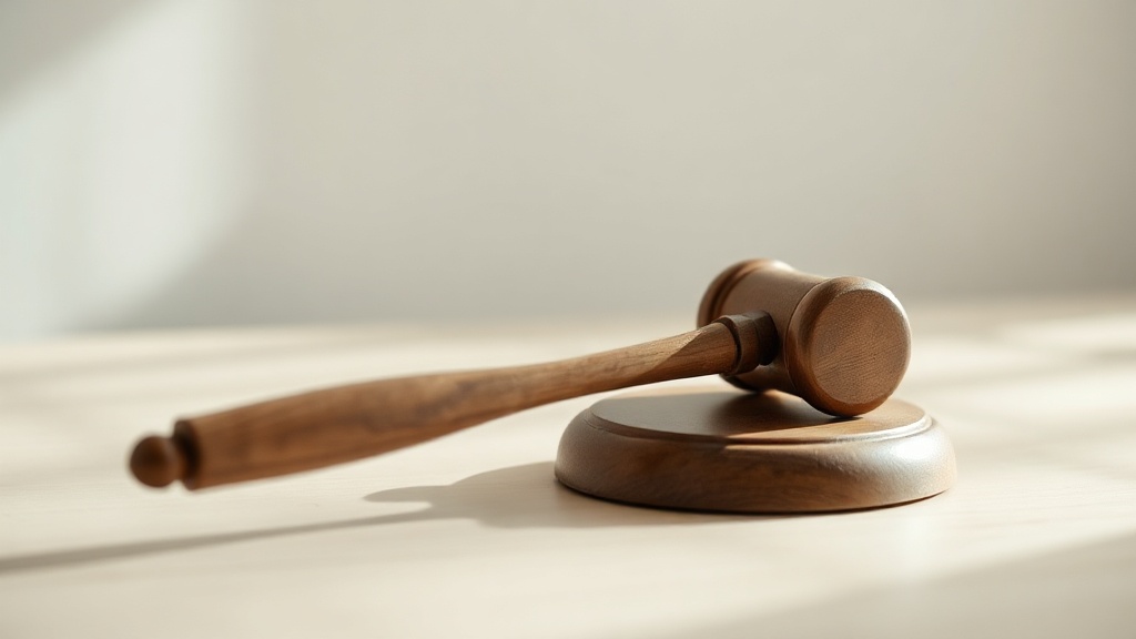 A gavel resting on a plain wooden surface