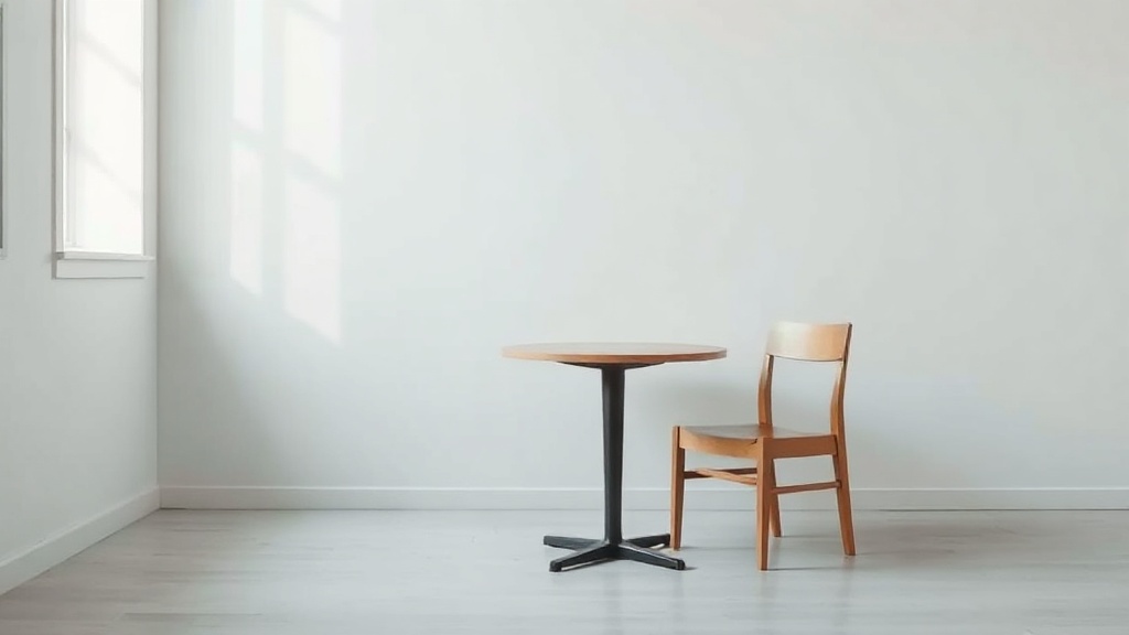An empty chair at a plain table in soft light