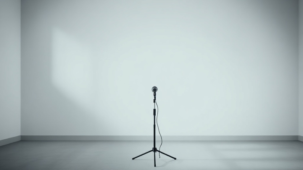 A microphone on a stand in an empty room