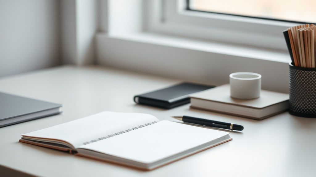 A tidy desk with a closed notebook