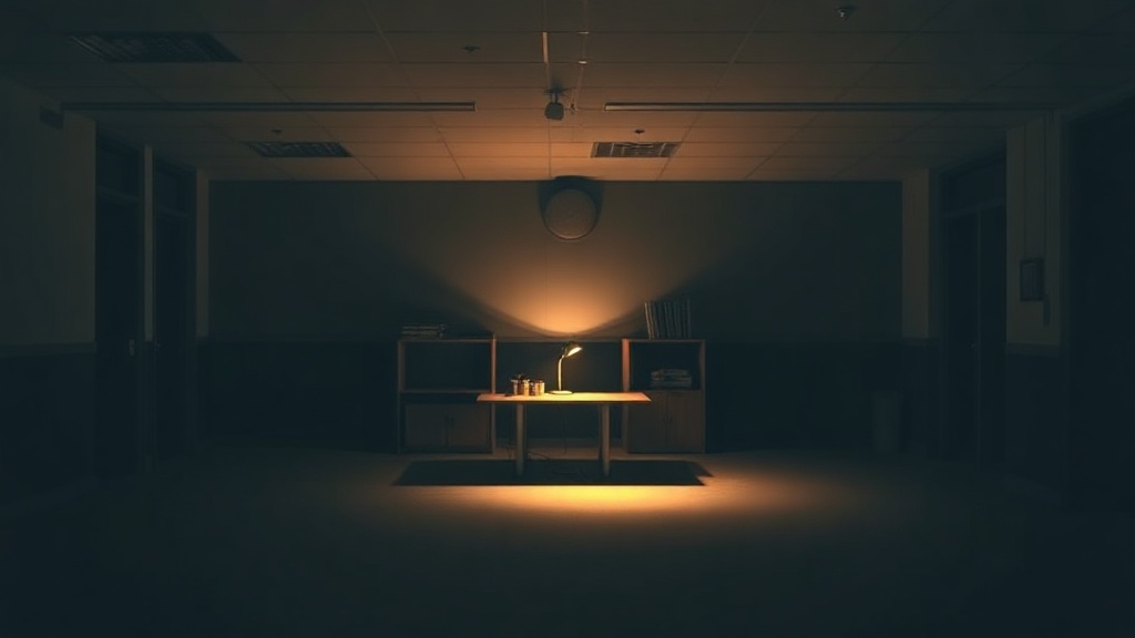 An empty office at night with one light on
