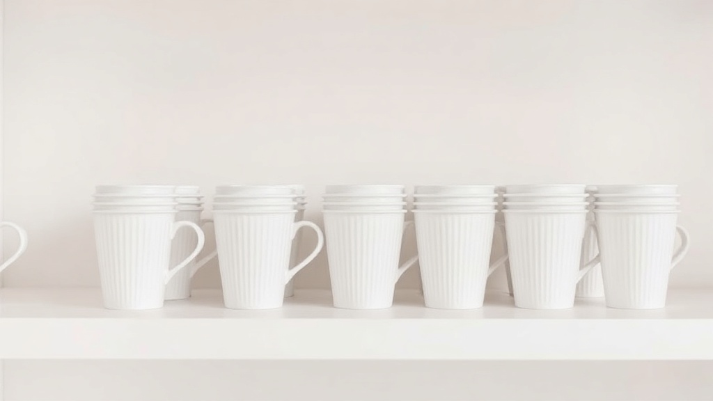 A row of identical white cups on a shelf
