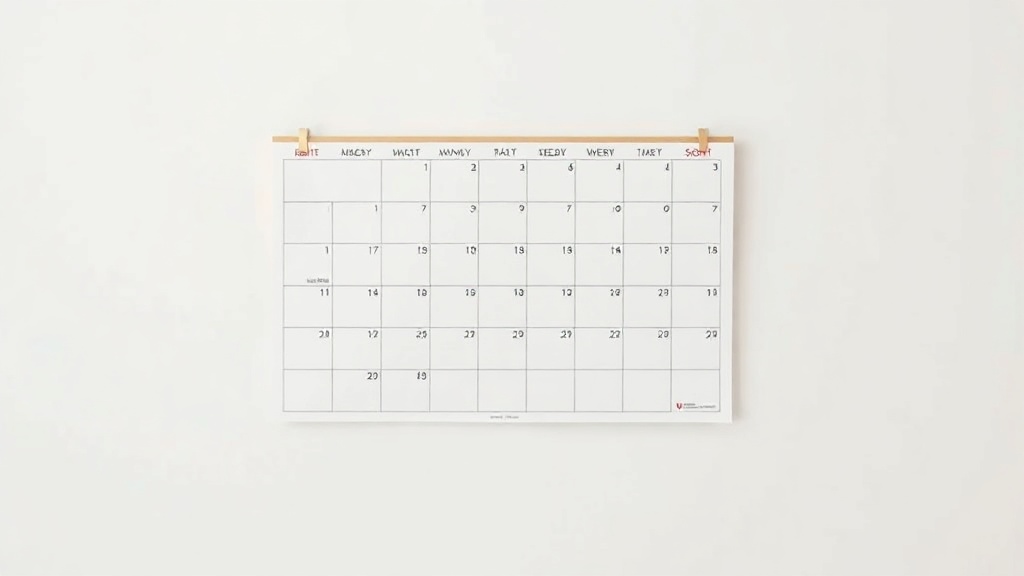 A wall calendar with blank squares
