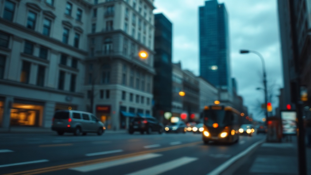 A city street at dusk with motion blur