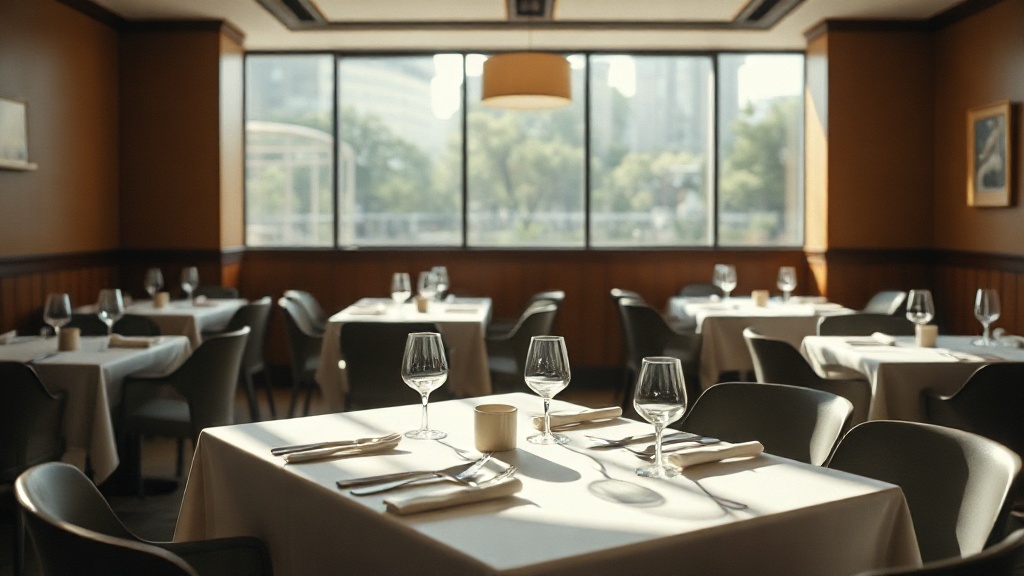 An empty restaurant dining room in morning light