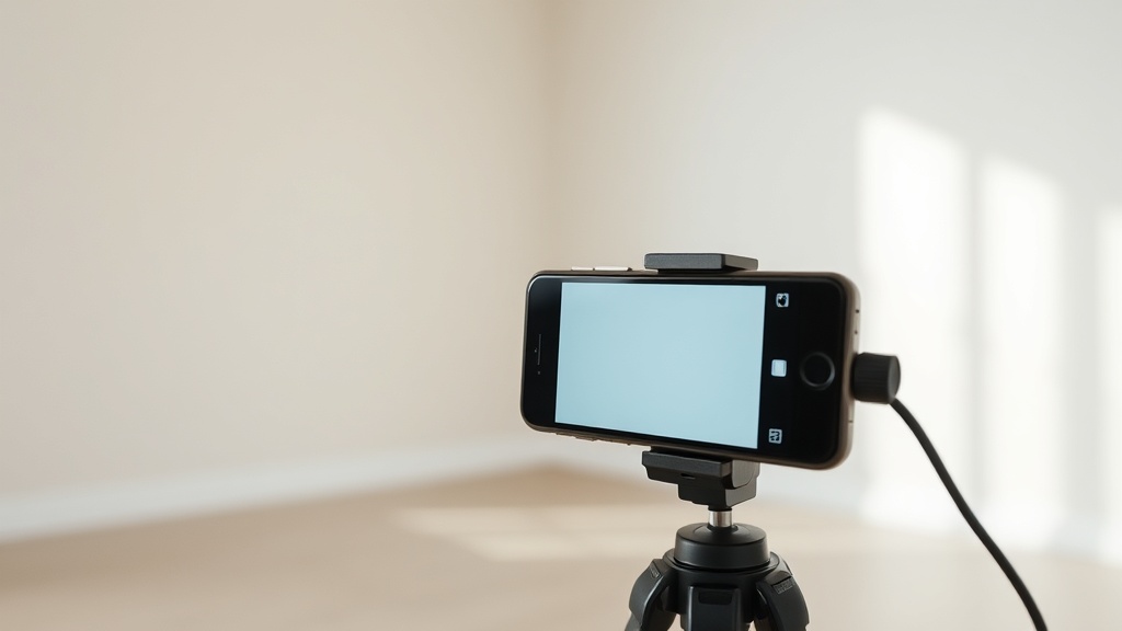 A phone on a tripod in a plain room