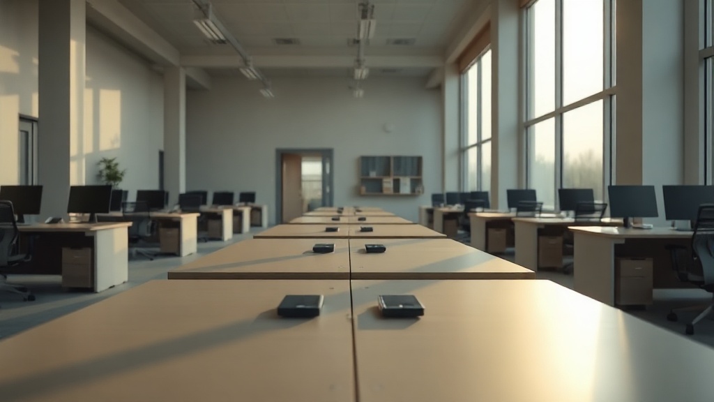An empty open-plan office at dawn