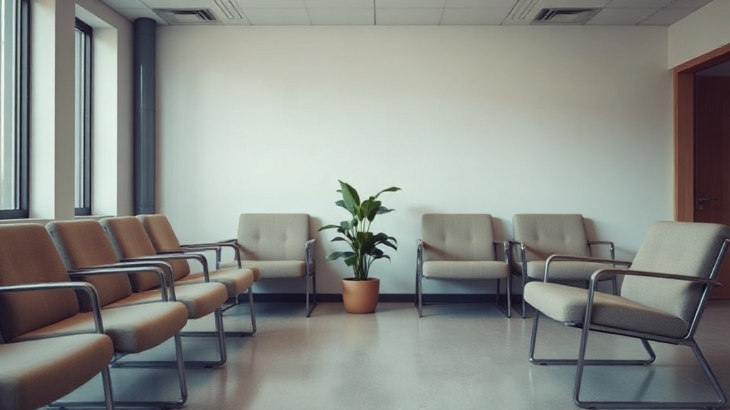 A quiet medical waiting area with empty chairs