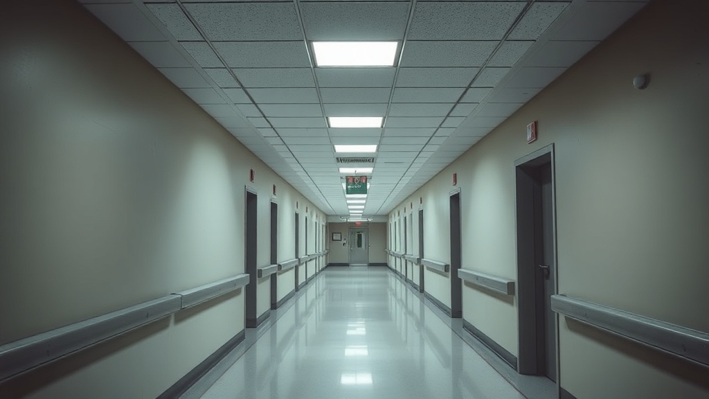 An empty corridor with institutional lighting