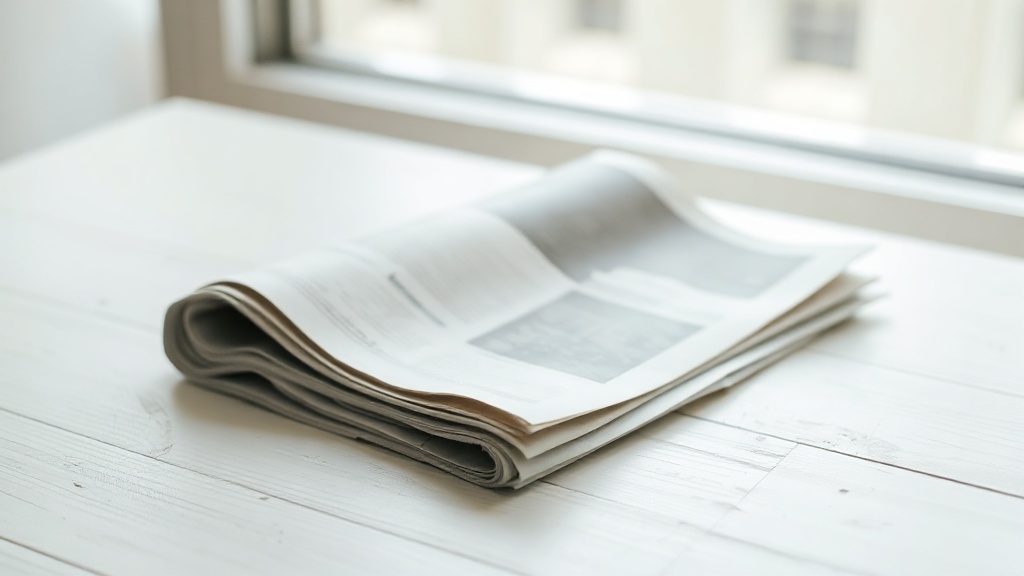 A folded newspaper on a plain surface in soft light