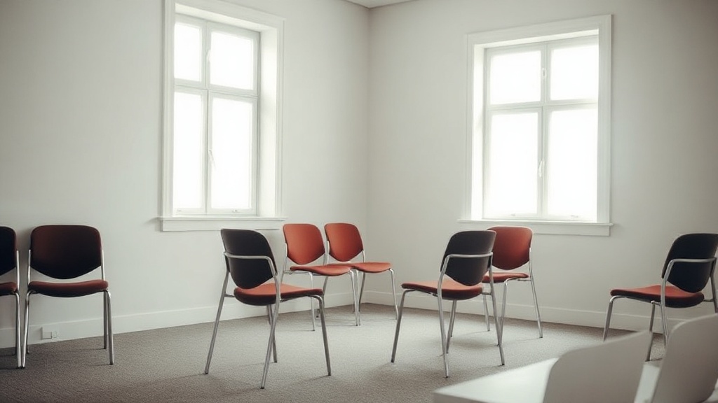 An empty meeting room with stacked chairs