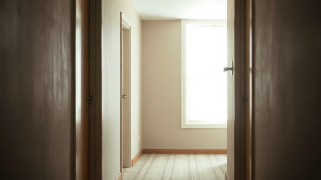 A hotel corridor with soft morning light