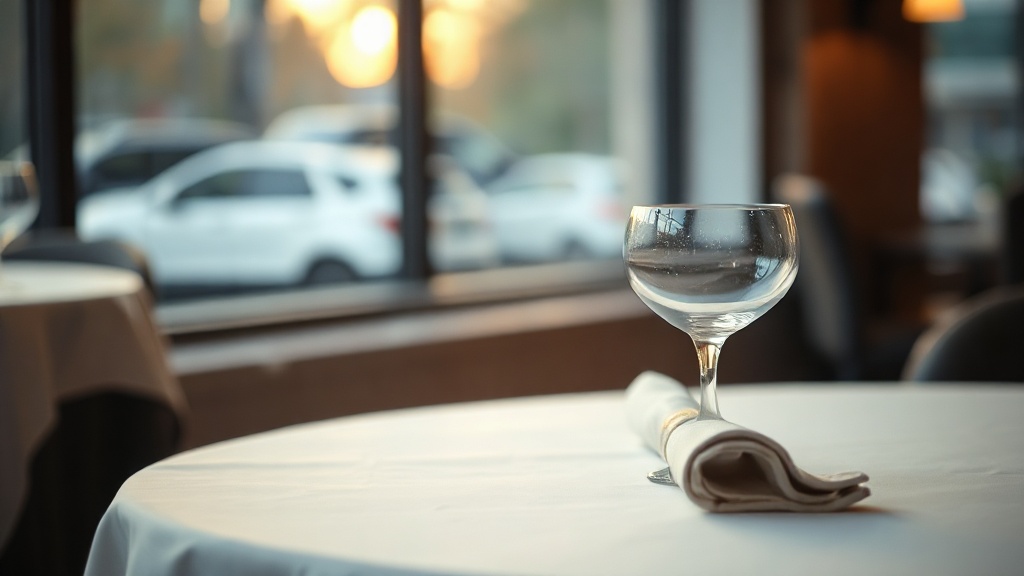 A restaurant table set in soft evening light