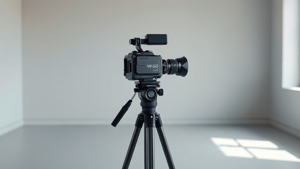 A camera on a tripod in an empty studio