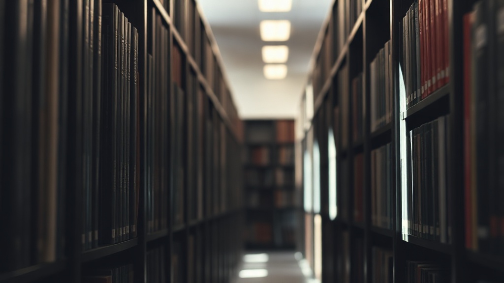 A quiet library aisle with rows of shelves