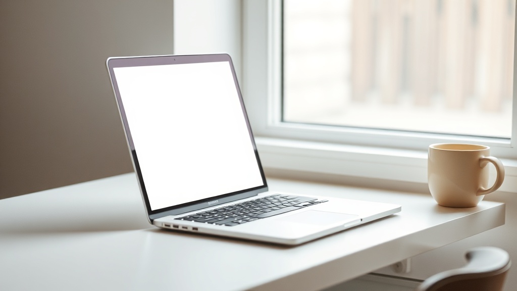A laptop open on a quiet desk with a cup of coffee