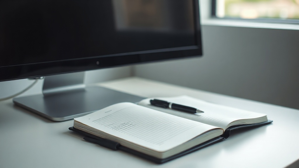 A notebook with a pen beside a screen