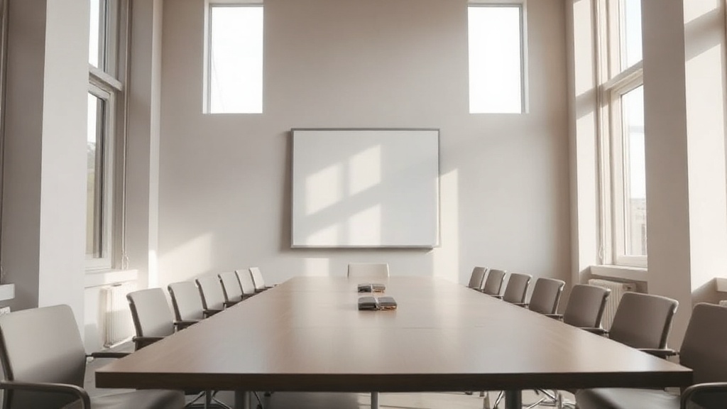 An empty conference room with tall windows