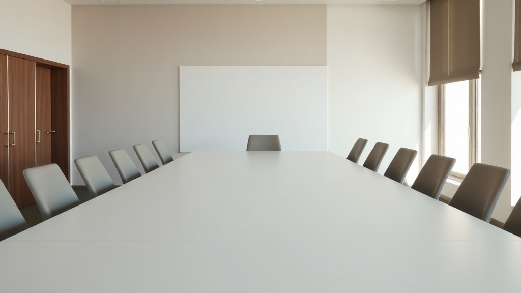 A boardroom table with empty chairs