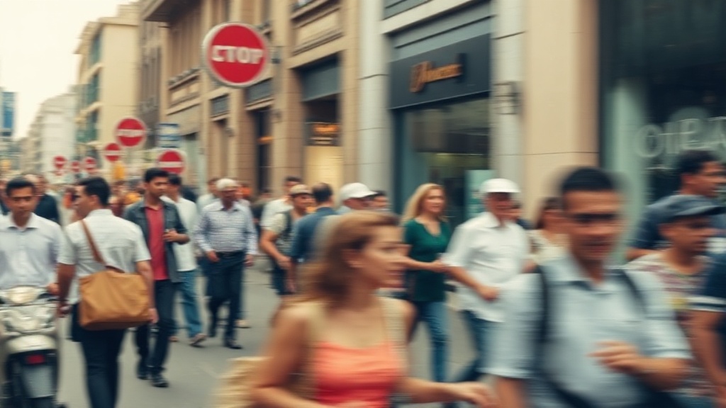 A crowded street scene blurred in motion