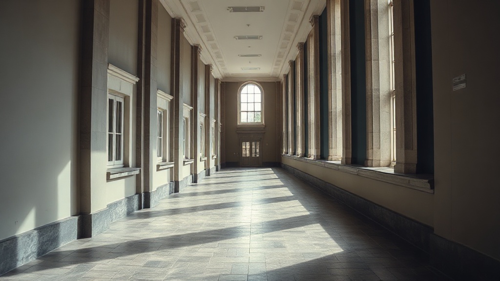 An empty courthouse corridor with tall windows